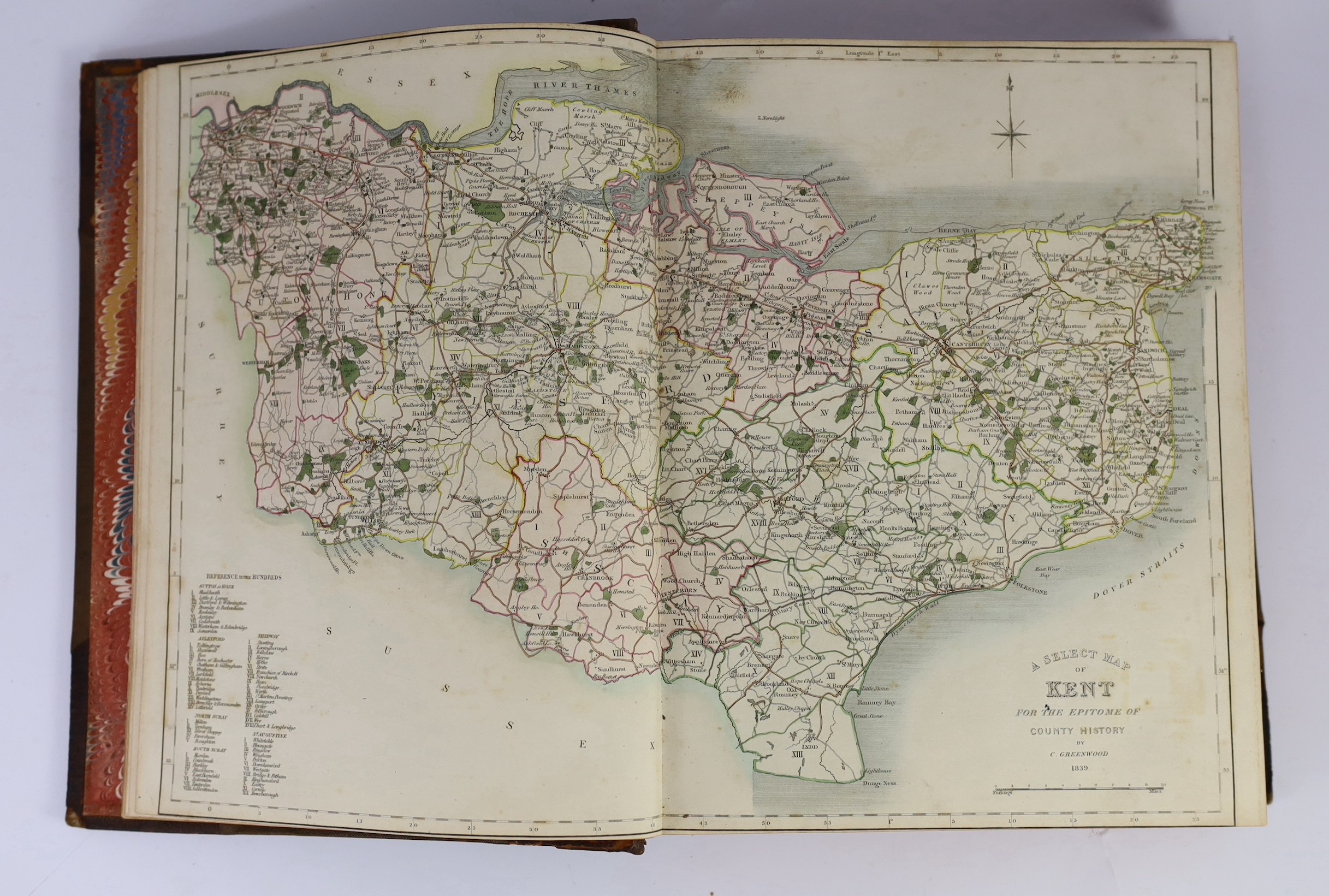 KENT: Greenwood, Christopher - An Epitome of County History ... the Seats, Residences ... Notices of the Principal Churches ... vol I - County of Kent. d-page hand-coloured map, numerous lithographed plates